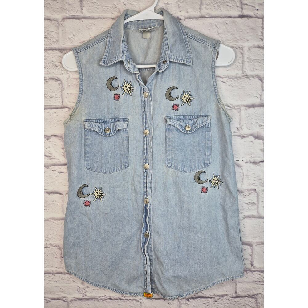 Vintage Jordache Celestial Denim Vest Womens Small Embroidered Sun Moon Star Y2K